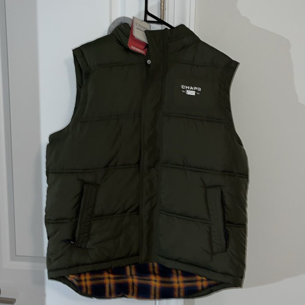 New Olive Green CHAPS Performance Flannel Lined Hooded Puffy Puffer Vest Jacket